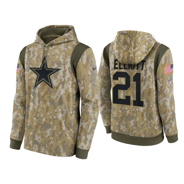 Men's Dallas Cowboys #21 Ezekiel Elliott Camo 2021 Salute To Service Therma Performance Pullover Hoodie - Click Image to Close